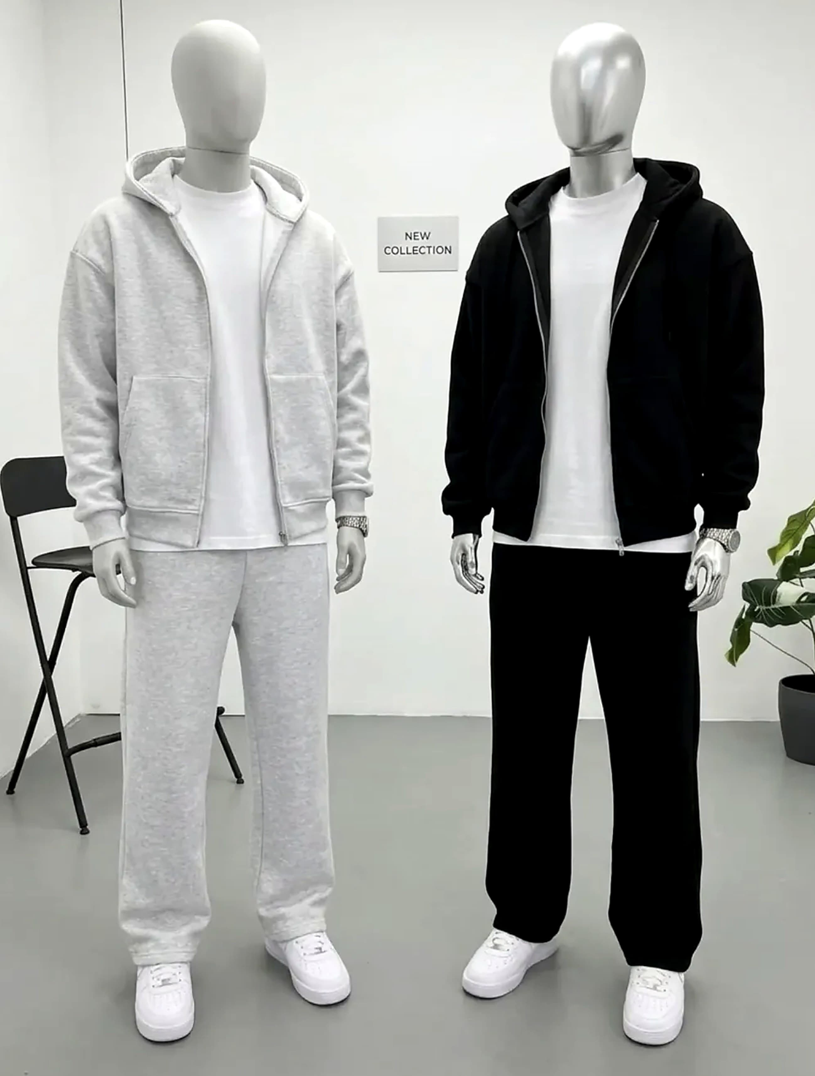 Hoodies zippés et pantalons de jogging gris chiné et noirs, nouvelle collection